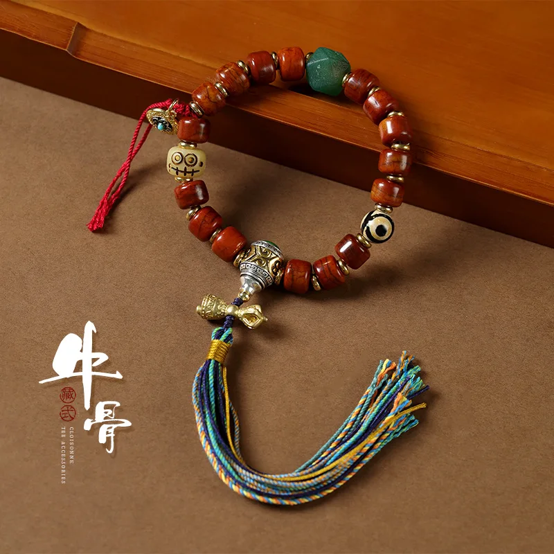 

Ox Barrel Beads Tibetan Crafts Hand-Hero Ox Bone Braid Rope Tassel Ethnic Style Vintage Bracelet Wh