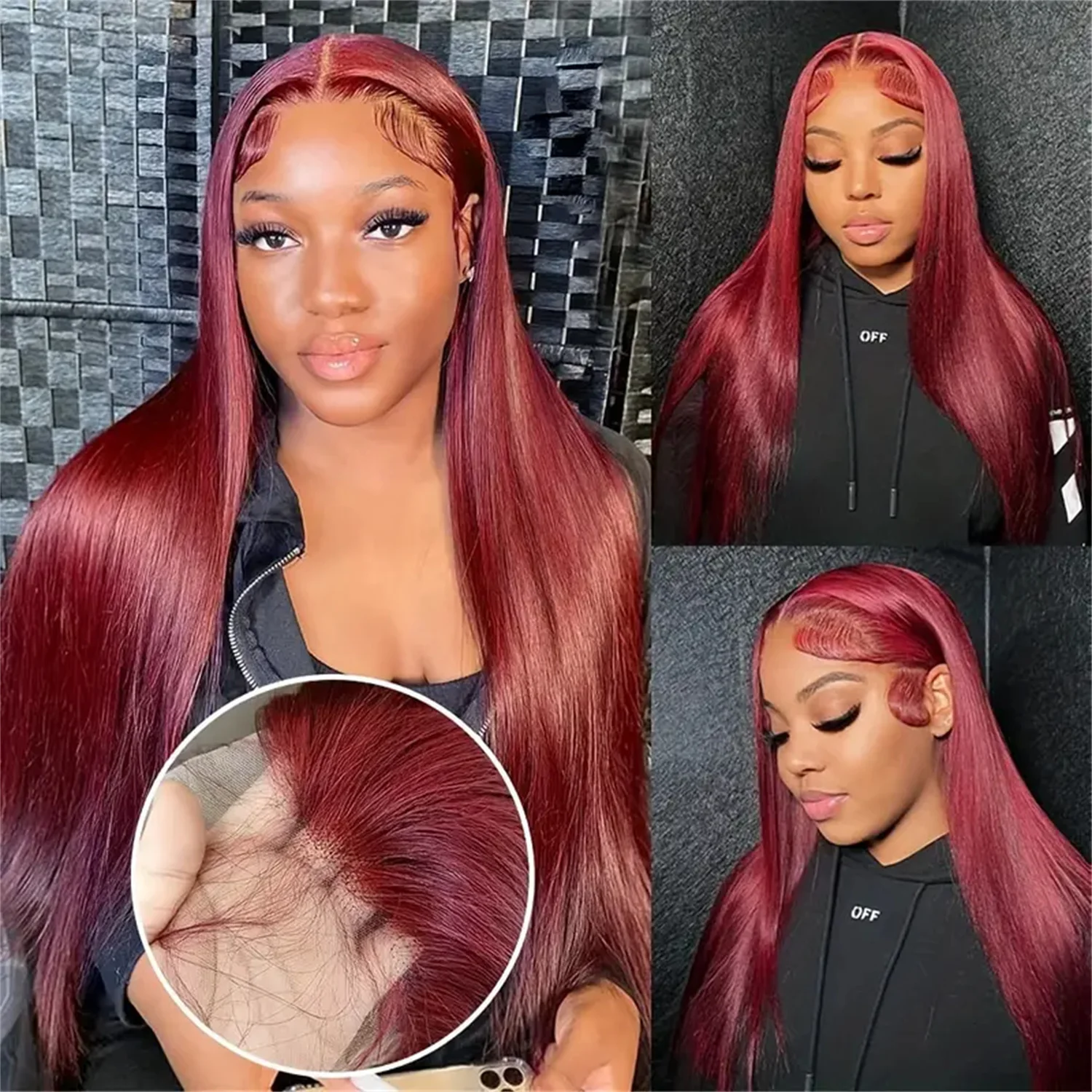 100% Human Hair Wigs 220% Density Straight 99J Red Wig Cosplay for Women 13×4 13×6 HD Lace Front Human Hair Wigs