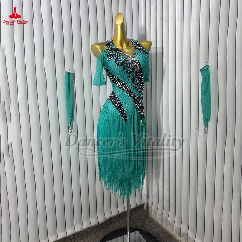 라틴 댄스 아트 등급 시험 롱 스타일 술 경쟁 드레스 성인 여성 차차 삼바 재이브 의류 하이 엔드 사용자 정의