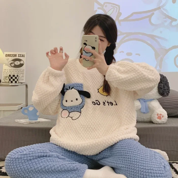 Kawaii Anime Kuromi Donne Peluche Pigiama Vestito Del Fumetto Pochacco Homewear Autunno Inverno Ragazze Addensato Indumenti Da Notte Carino Indumenti Da Letto