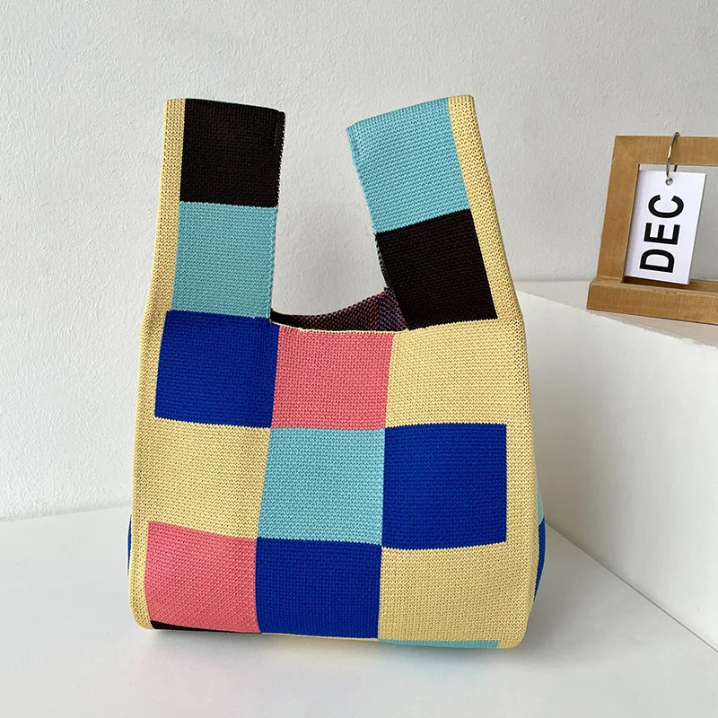 Contrast stripe check design knitted women's bag new women handbag wrist bag small tote bag shopping bag