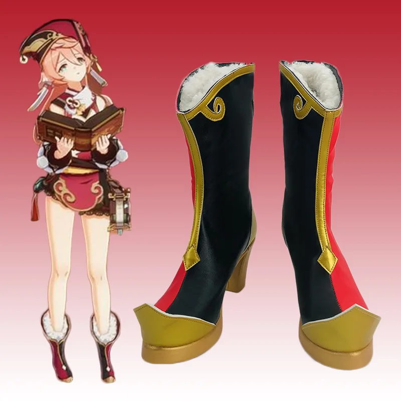 Genshin Impact Liyue Harbor Adepti Wise Innocence Yanfei Enhi Cosplay Red Black Shoes Heel Boots