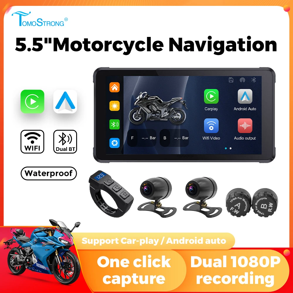 

Portable Motorcycle Navigation GPS 5.5" Waterproof Moto Screen Wireless Carplay Android Auto Dual 1080P DVR Front Rear Camera BT