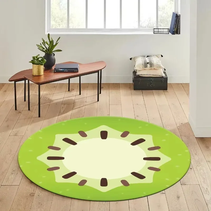 VIKAMA Lovely Kiwi Pattern Round Carpet Living Room Decorative Cushion Children's Room Fruit Theme Non-Slip Floor Mats