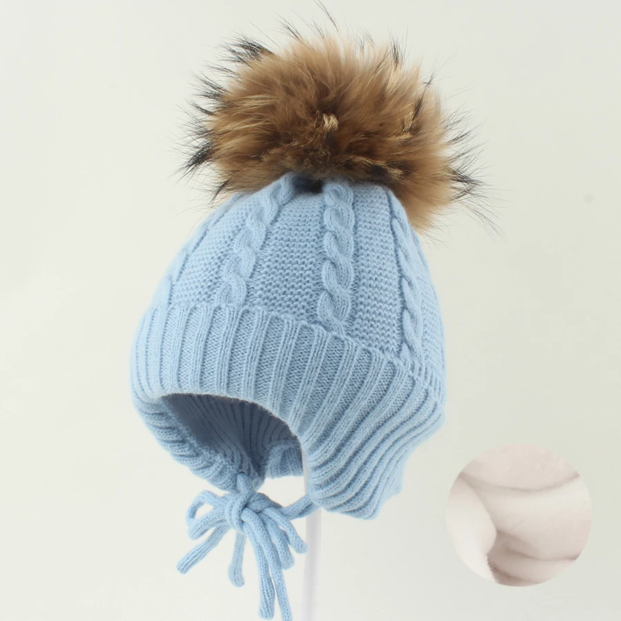 Winter Baby Hat Real Fur Pompom Beanie Cute Bonnet Fleece Lining Ear Protection Boys Girls Cap Warm Crochet Hat For Kids
