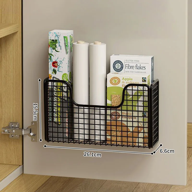 1pc Punch-free Kitchen Cabinet Door Storage Box Iron Rack Wall-mounted Cabinet Plastic Wrap Rack Bathroom Refrigerator Organizer
