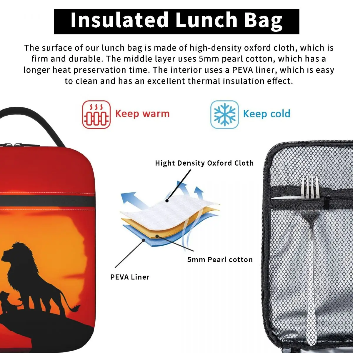 Sacs à déjeuner isolés Lion King, sac thermique réutilisable   Conteneur de repas dessin animé Simba, grand fourre-tout, boîte à déjeuner, sac alimentaire, collège en plein air