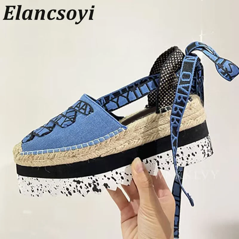 Spring Denim Fabric Back Strap Sandals Women Thick Soled Height Increasing Casual Flat Shoes Versatile Daily Commuting Shoes