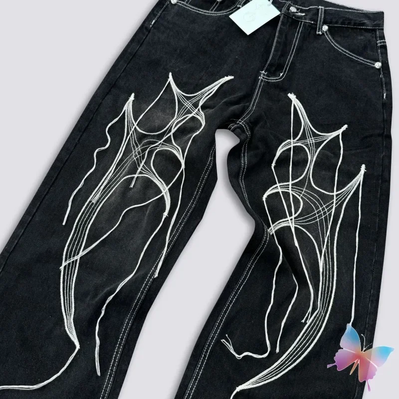 24ss New Thug Club Jeans Embroidered Tassel Metal Stars Moons Labe Wide Trousers Hiphop Street Men Women Black Denim Pants