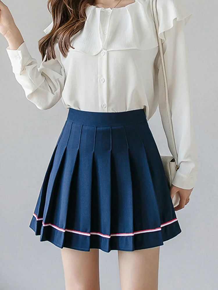 Summer High Waist Fashion Sexy Stripe White Mini Skirt Women Tennis Pleated Skirts School Uniform Girls