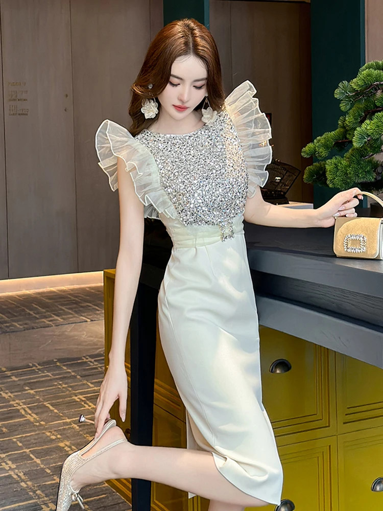 New Retro Elegant Luxury Glitter Sequin Evening Dress Women Clothes Ruffle Sleeveless Slim Midi Party Birthday Vestidos Fiesta