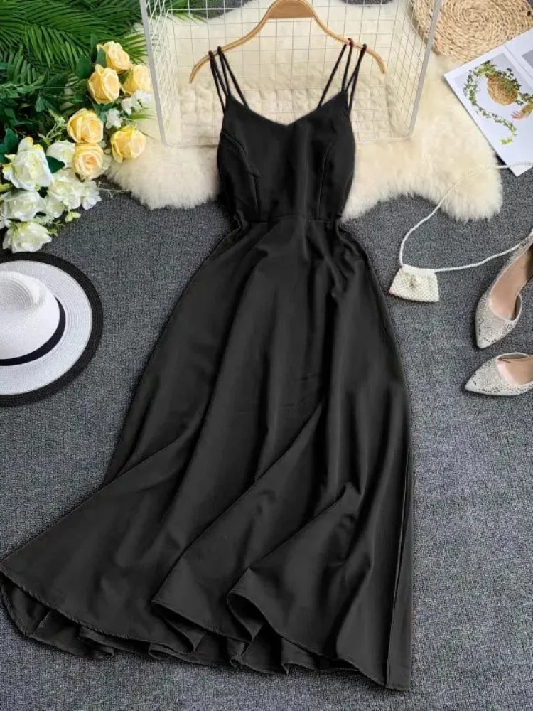 

Summer New Elegant Sexy Beach Vacation Party A-line Dress Women vintage Strap Solid Robe vestidos