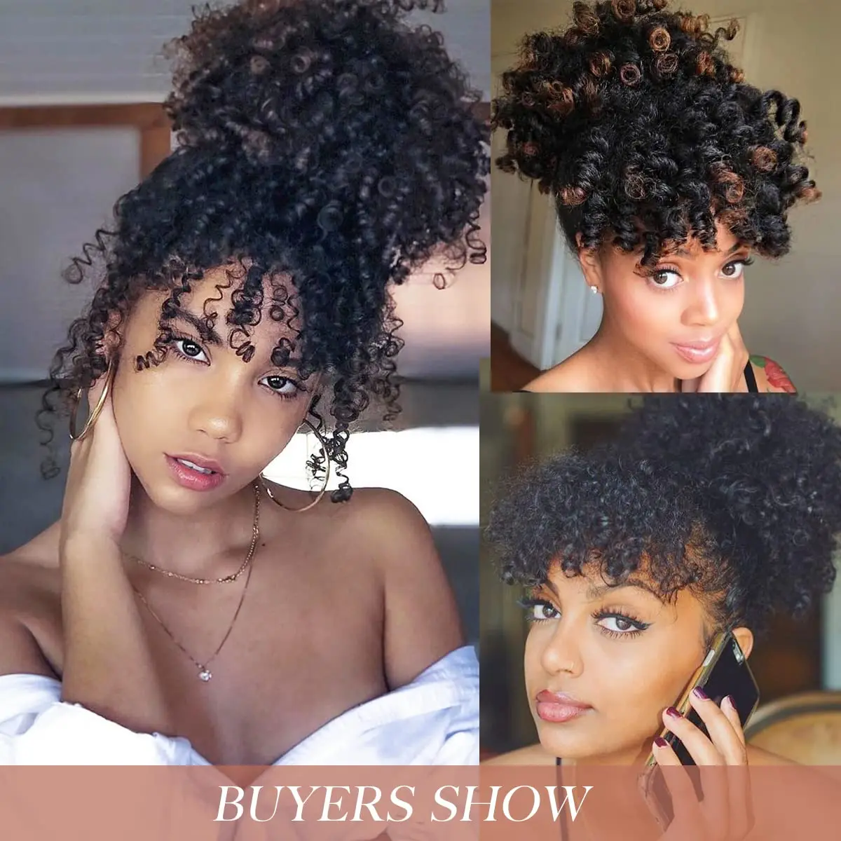 Afro Puff Drawstring Ponytail with Bangs Pineapple Updo Hair for Black Women Short Kinky Curly Ponytail Bun For Women Girls image 6