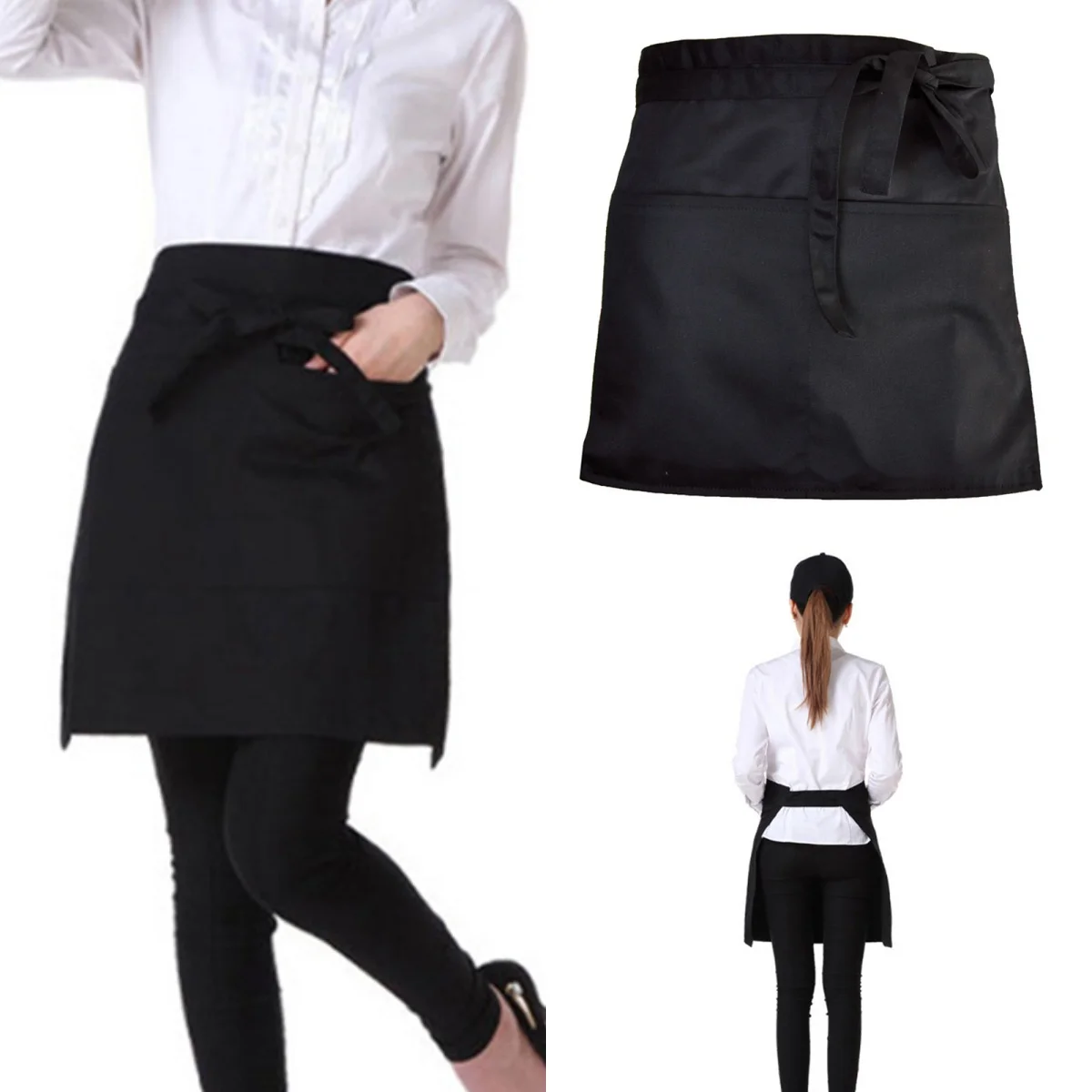 Black Half-length Apron With Pockets Women Waitress Antifouling Work Coffee Tea Shop Cafe Cooking Kitchen Men Short Waist Aprons