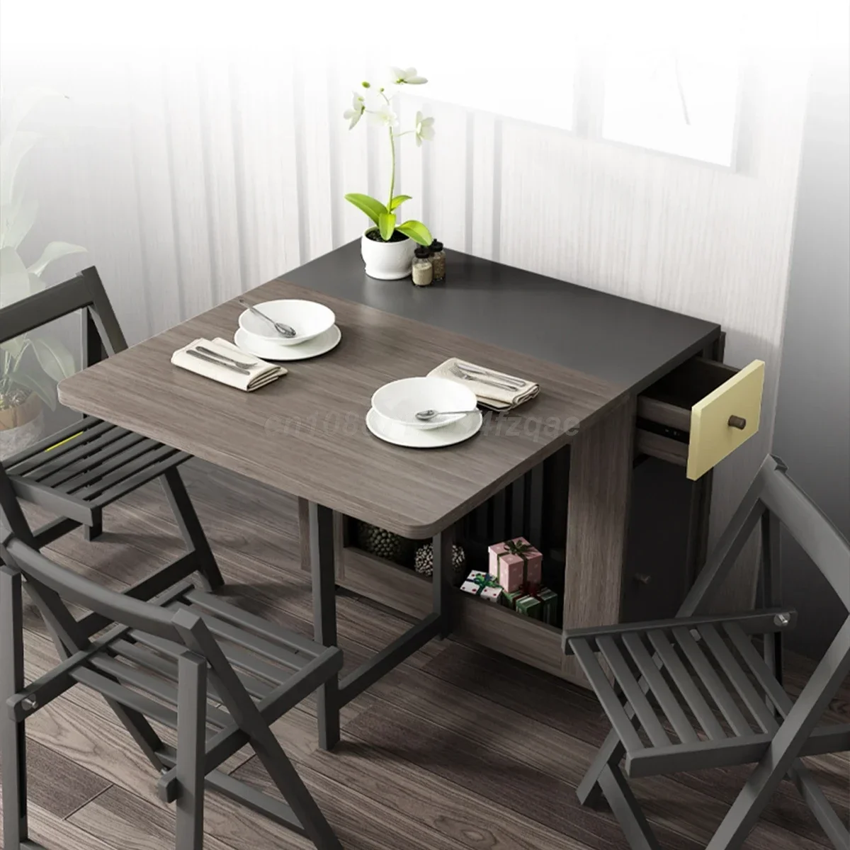 Folding Dining Table Home Ultra-thin Multi-functional Combination Dining Table Multi-person Table With Folding Chairs 0/2/4/6