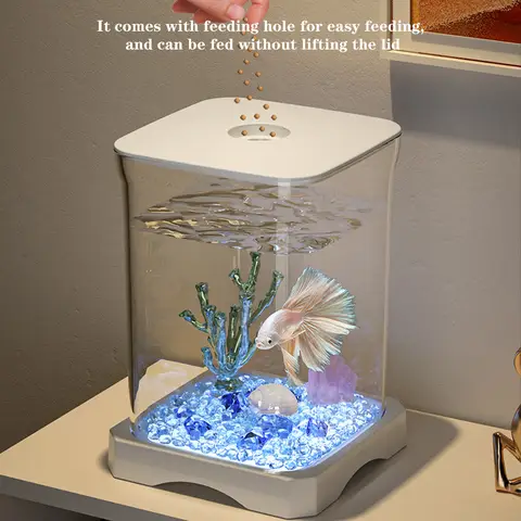Akvariumstartpaket, mini rektangulärt Betta-akvarium för skrivbordet med matningshål upptill och inbyggd bottenlampa, bordsdekoration 8 best sales miniakvarium - №3