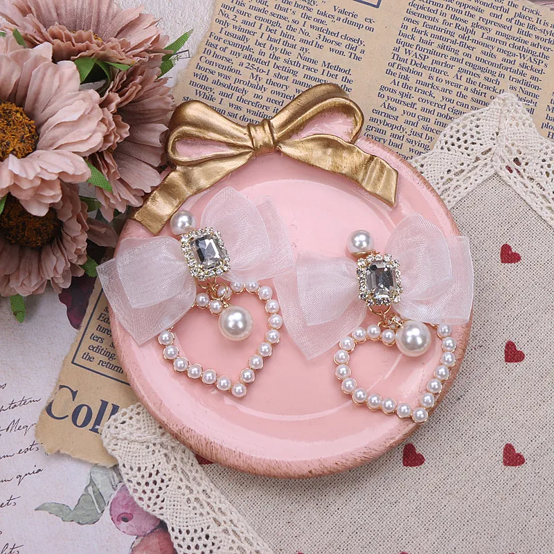 Pendientes de accesorios Lolita de estilo veraniego con Clips para sin perforación, pendientes hechos a mano con lazo suave, agujas de plata Larme Kei