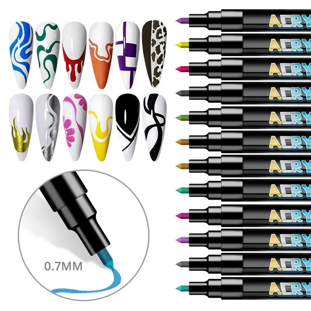 Nail Art Pen Set DIY Acrylic Marker Gel Nail Painting Pen 0.7mm Fine Tip Nail Painting Doodle Pens for Salon Home Use