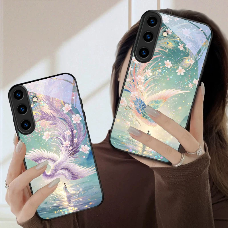 Graceful cartoon phoenix For Samsung Galaxy S26 Ultra S25 Edge S24 FE S23 Plus S22 S21 S20 S22+ S24+ S25+ Black Glass Phone Case