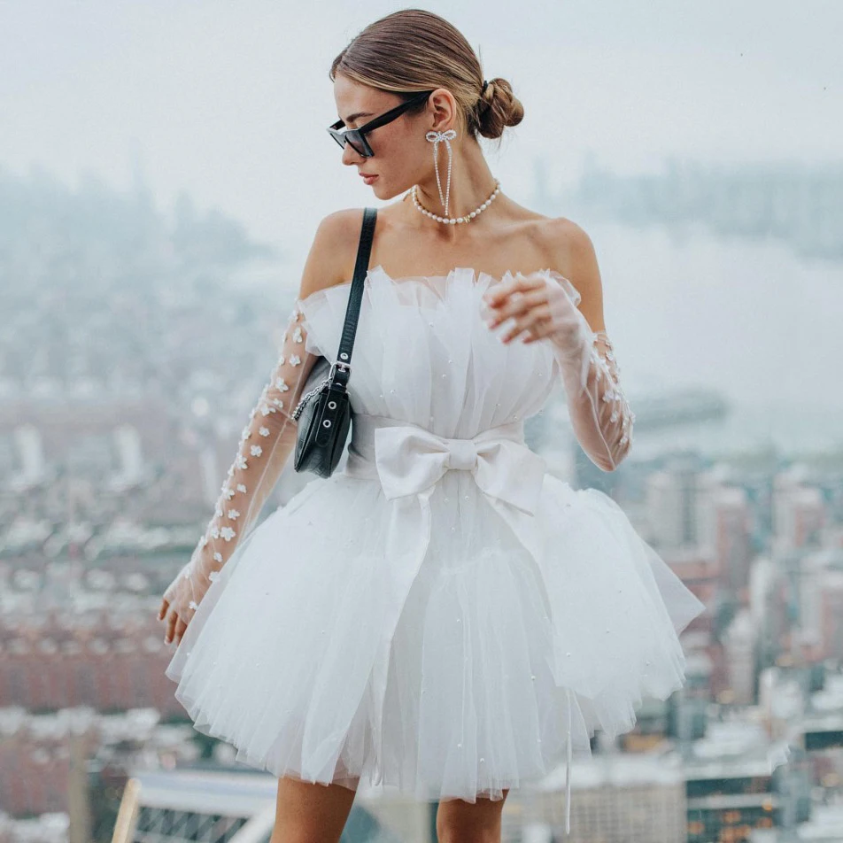 

Strapless White Dress Mini Tulle Ball Gown Elegant Dresses For Women Fluffy Women's Dress With Bow Long Sleeve Female Clothing