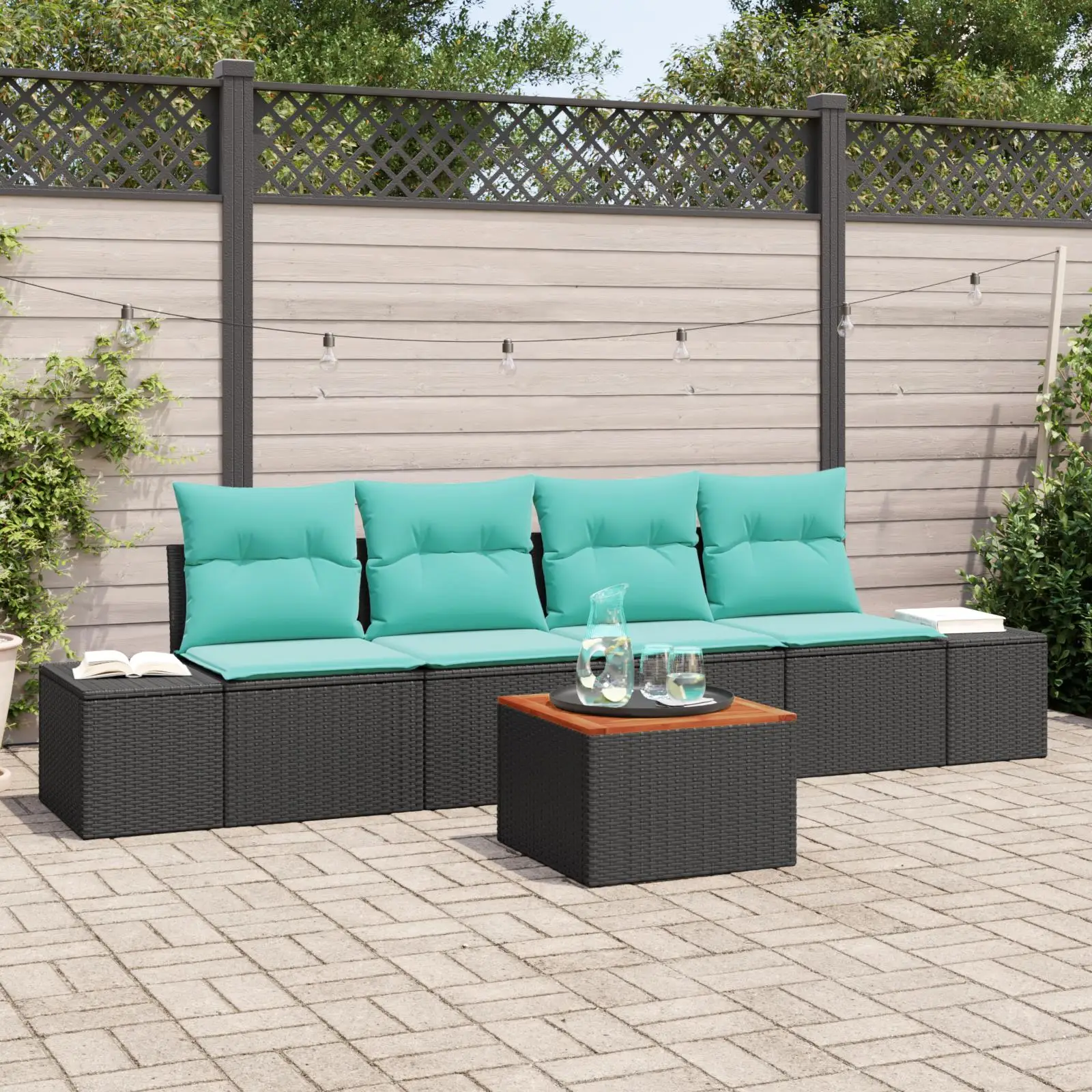 

5 Piece Outdoor Sofa Set with Cushions Black Rattan and Acacia Wood Furniture