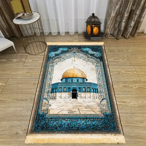 VIKAMA Dome of the Rock Oil Painting Prayer Rug Blue Gold Pattern Worship Mat Tassel Islamic Prayer Carpet for Living Room