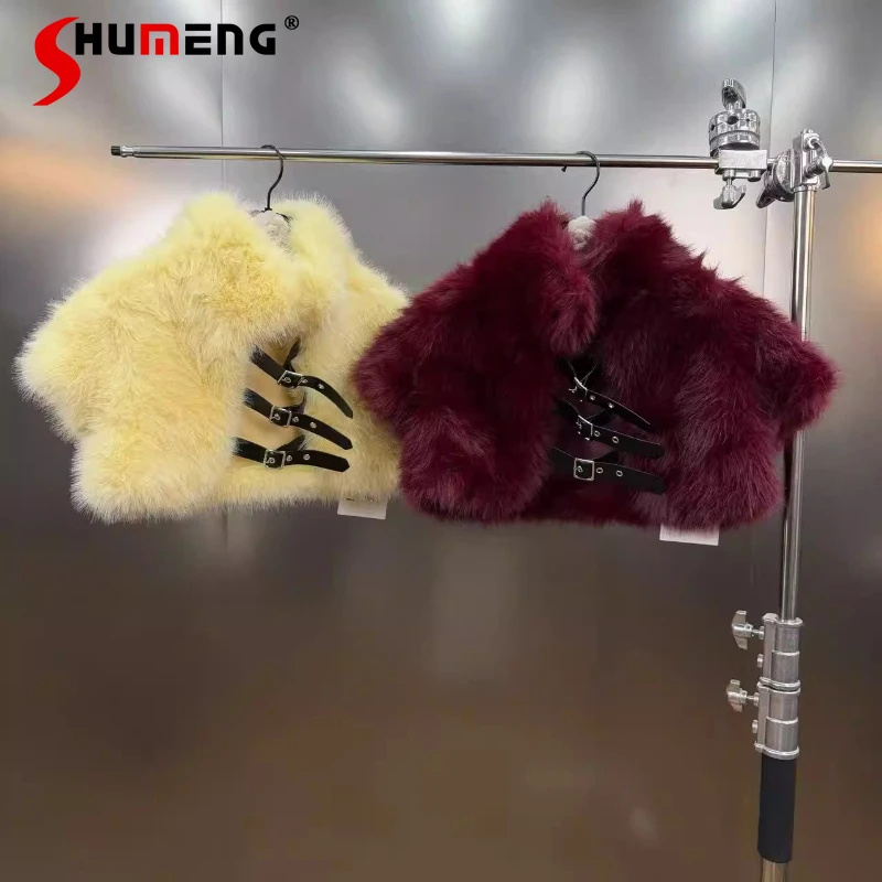 

Women's 2026 Spring New Tops Stand Collar Short Sleeve Solid Color Multi-Button Decoration Tank Tops Female Sexy Faux Fur Vests