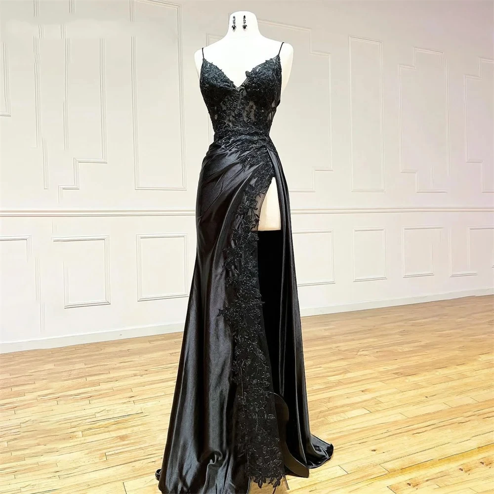 Classic Black applique Mermaid Italian skinny strap V-neck backless sexy side slit custom evening dress party dance occasions