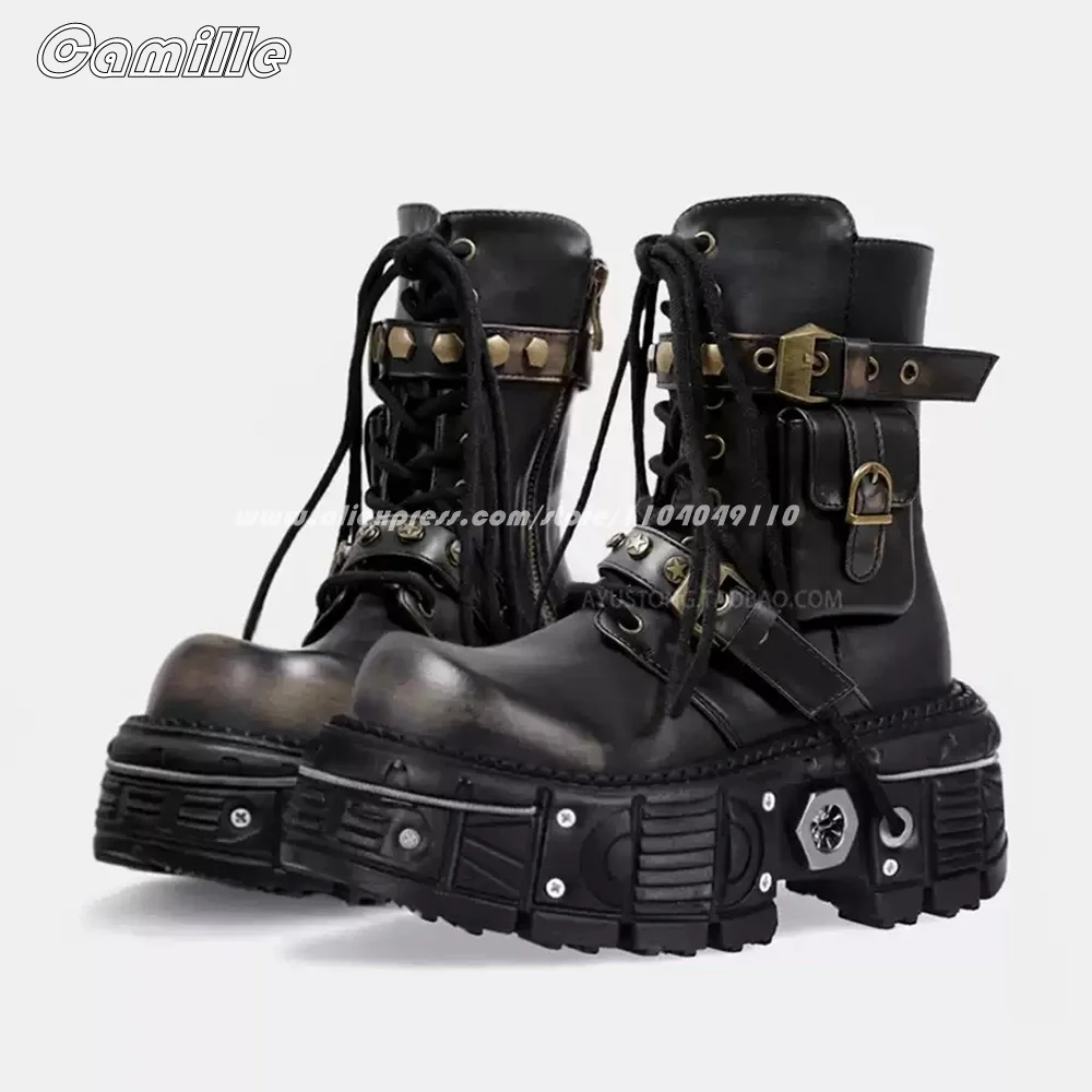 

Punk Style Metal Belt Buckle Strap Chunky Heel Motorcycle Boots Round Toe Platform Casual Lady Boots 2025 Y2K Metal Rivet Boots