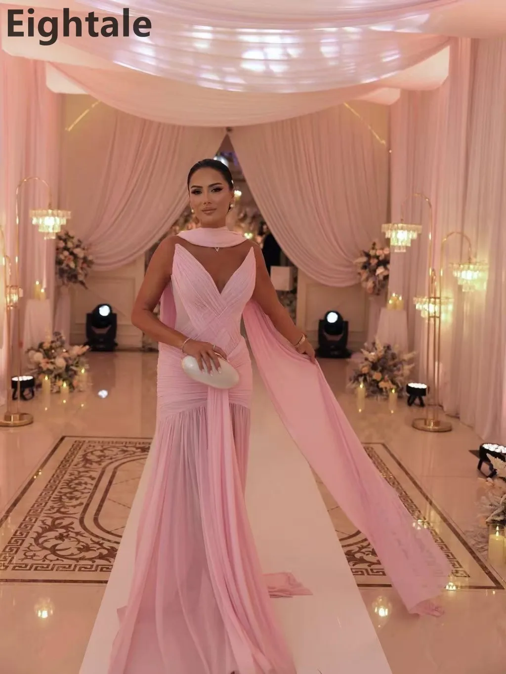 فستان سهرة طويل من الشيفون بطيات حورية البحر باللون الوردي من Eightale 2025 مع لف فستان حفلة موسيقية عربي سعودي فستان حفلة دبي مخصص #2