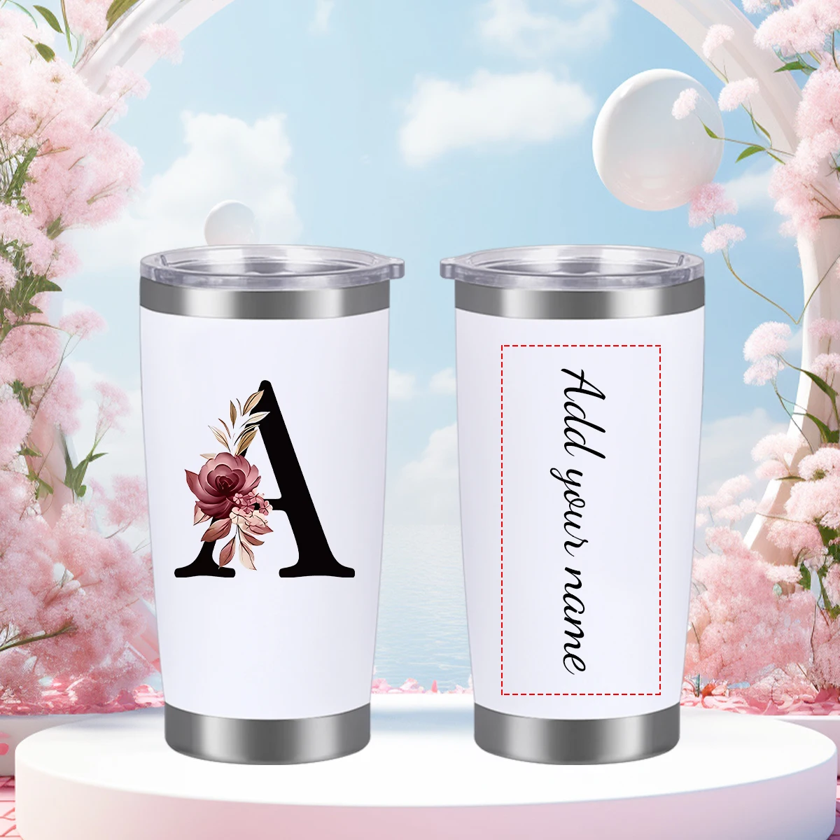 16oz Stainless Steel Customized Name Party Tumblers Hot Cold Insulated Mugs 3D Print Rose Letter Outdoor Travel Mugs Anniversary