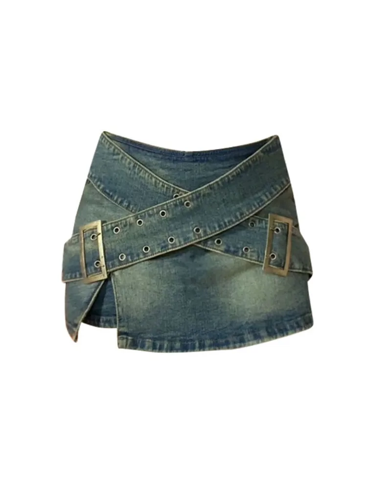 High Quality A-Line Skirts Office Lady Coquette Streetwear Casual Zipper Gyaru High Waist Sexy Denim Mini Skirt Belt Clubwear