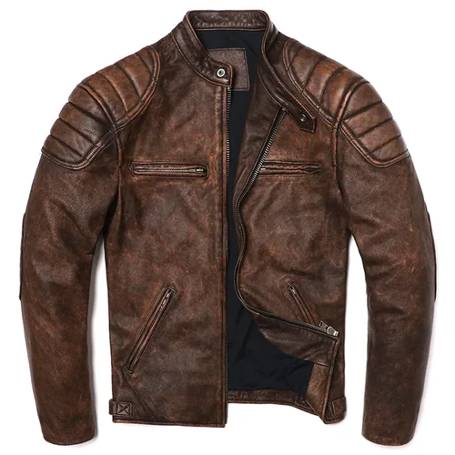 2025 chaqueta Vintage de cuero genuino amarillo Camel Cuero de vaca Natural Real para hombre abrigo de motociclista para hombre abrigo de piel de becerro delgado