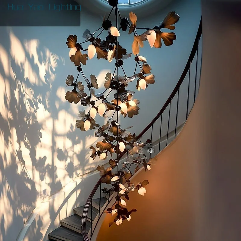American Solid Brass Ginkgo Leaf Chandelier Designer Pendant Light For Villa Duplex Staircase Custom Decorative Light For Hotel