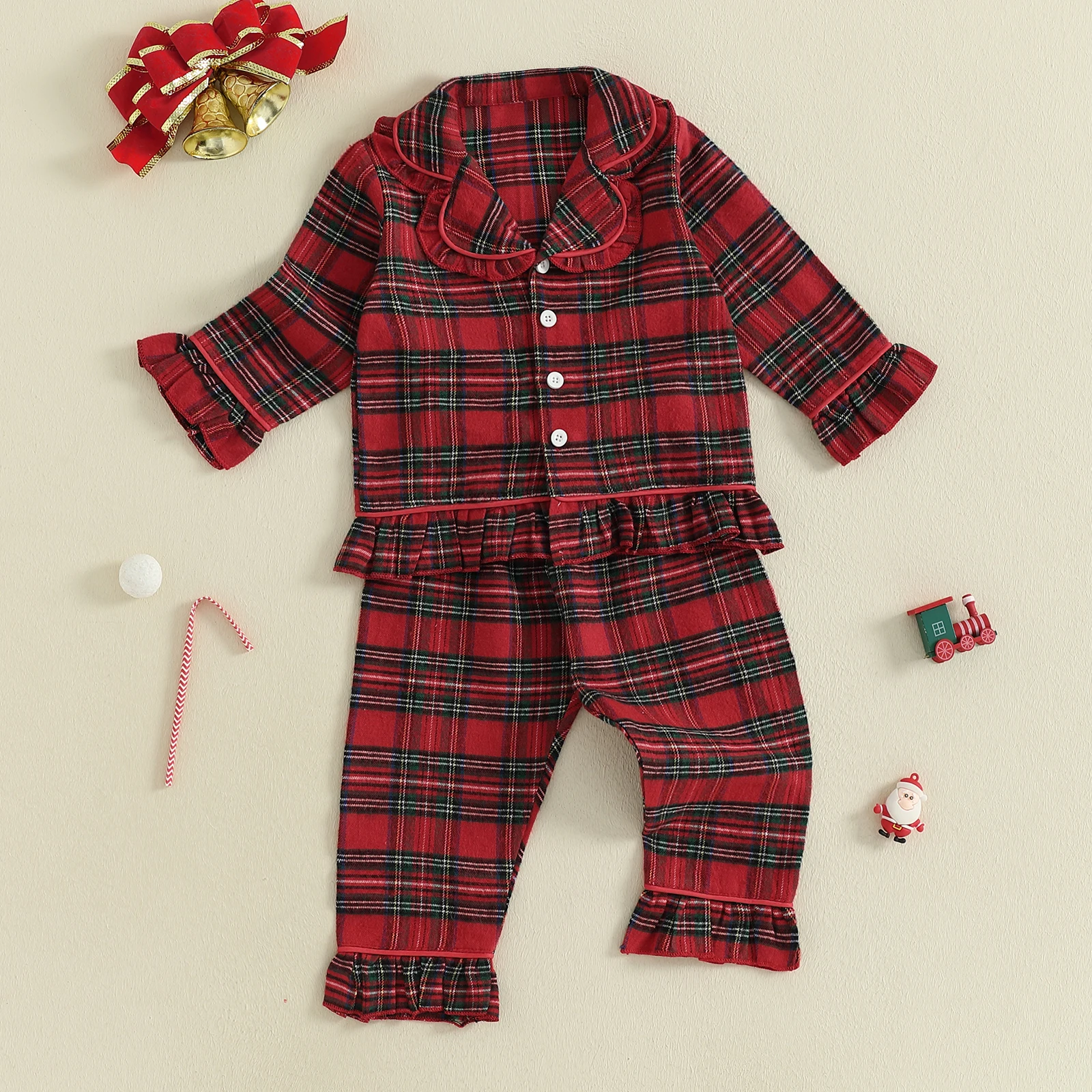 طقم بيجامات خريفي وشتوي للفتيات الصغيرات منقوشة مطبوعة بأكمام طويلة وياقة مقلوبة مع سروال بخصر مطاطي ملابس نوم ملابس منزلية