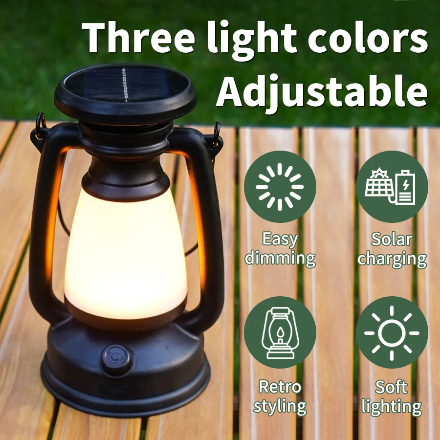 Retro Solar Camping Lights USB Rechargeable Hanging Tent Light Lanterns 3 Color Temperature Stepless Dimming for Hiking Fishing