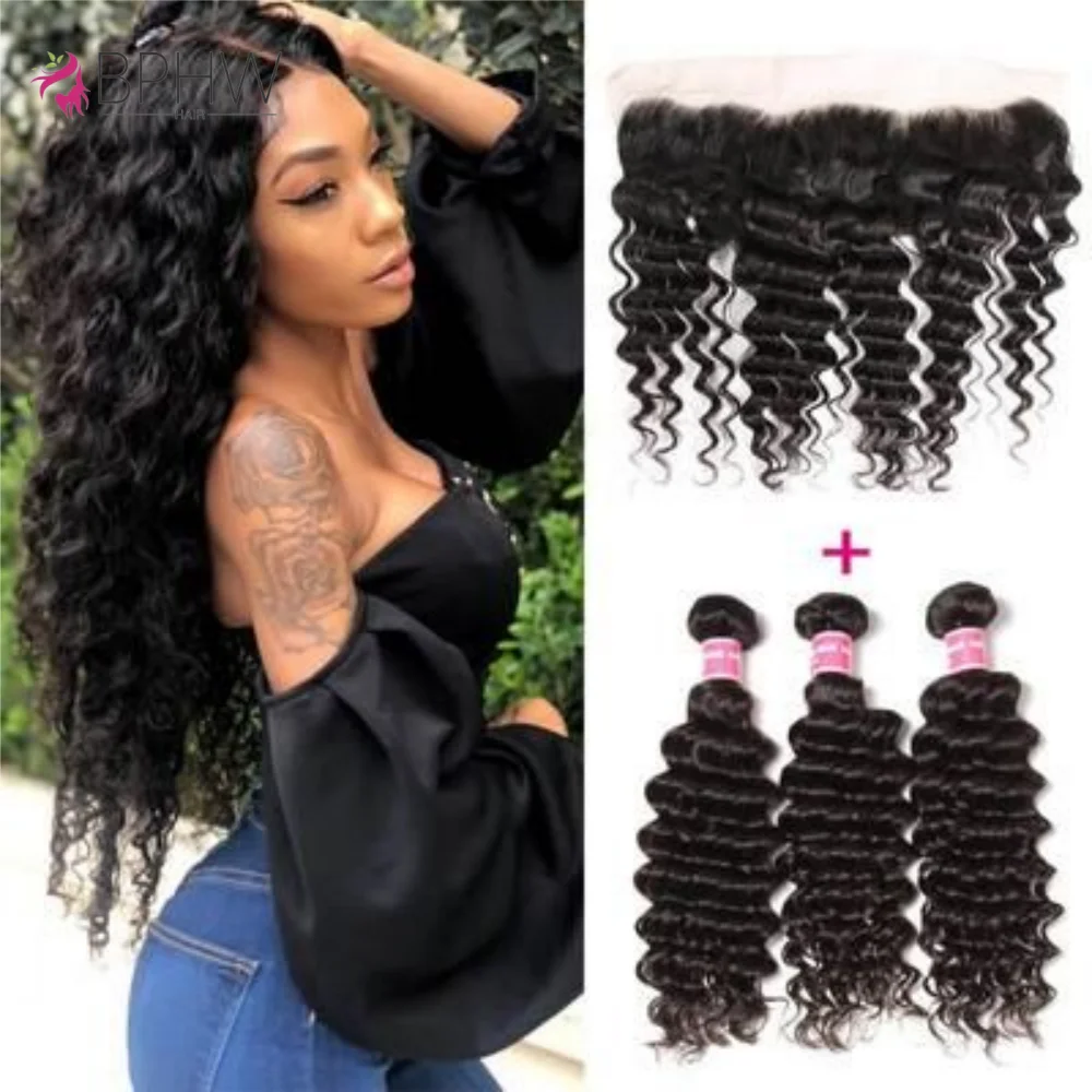

BPHW 12A Deep Wave 3 Bundles With 13x4 lace Frontal 100% Human Hair Extensions 30Inch Brazilian Hair For Black Women Virgin Hair