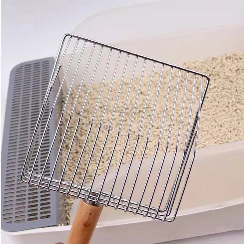 Stainless Steel Cat Litter Shovel Wooden Handle Shovel Easy To Clean Good-Looking Reduce Dust Suitable For Small Dog Toilets