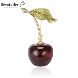 Beaut&Berry Cute Enamel Rhinestone Cherry Brooches for Women New Style Plant Pins Office Party Casual Accessories Gifts