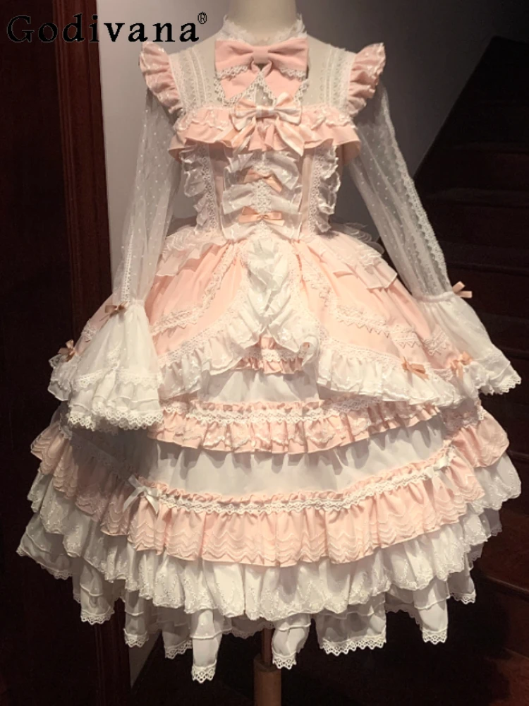 

Lolita Cute Lace Long Flare Sleeve Sweet Bow Princess Dress Temperament High Waist A-line Age Reducing Cake Fairy Dresses