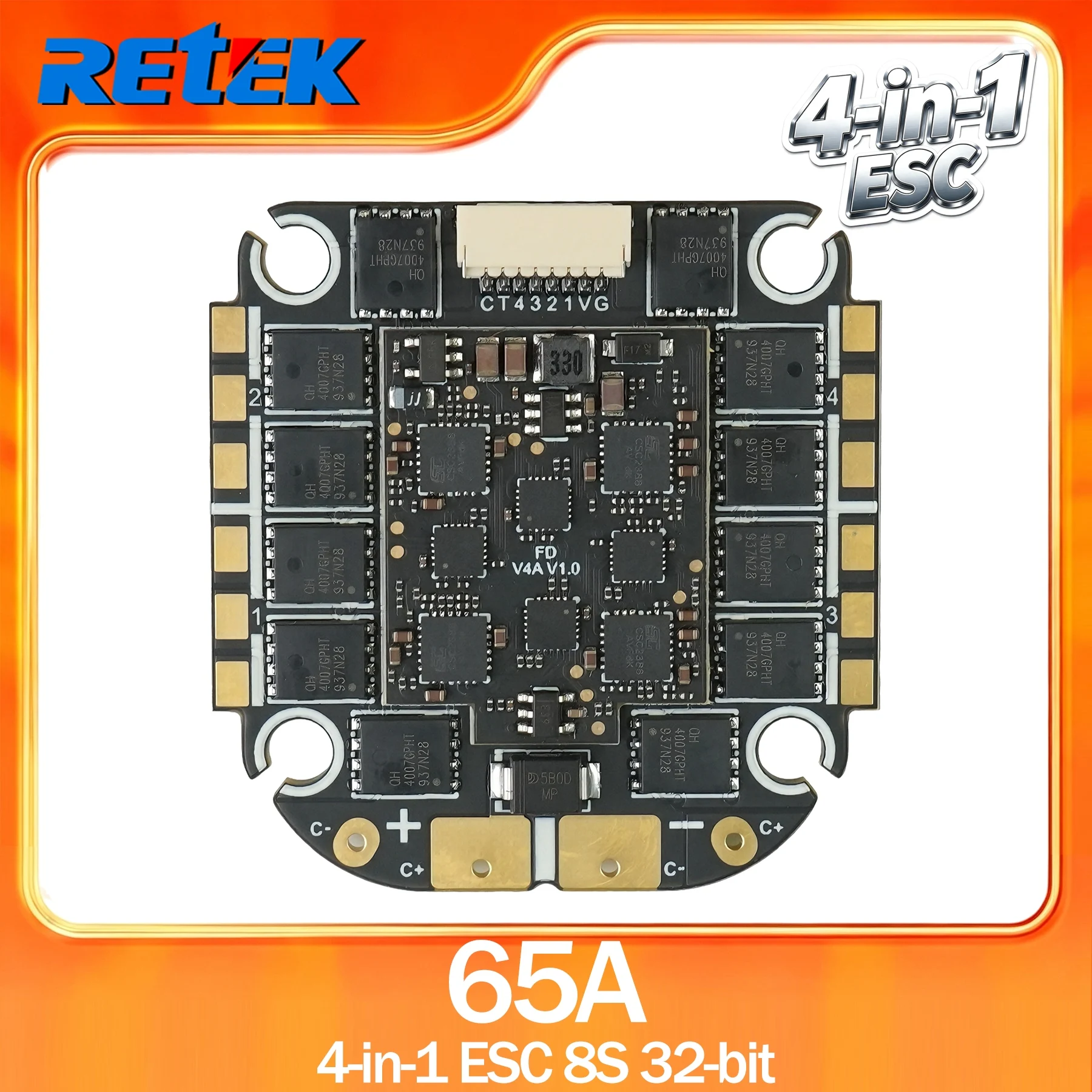 Retek 4-in-1 ESC 60A 65A 70A 80A 100A 8S 32-bit BLHeli_32 / AM32 Brushless ESC for FPV Racing Drone Quadcopter