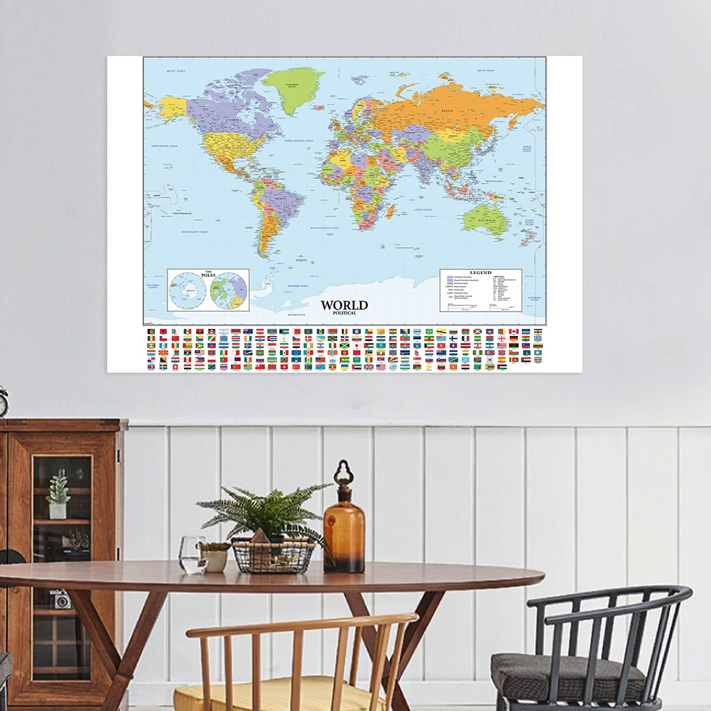 Póster de pared detallado de mapa del mundo, pinturas de lienzo impresas transparentes, suministros escolares para decoración del hogar y el aula, 120x80cm