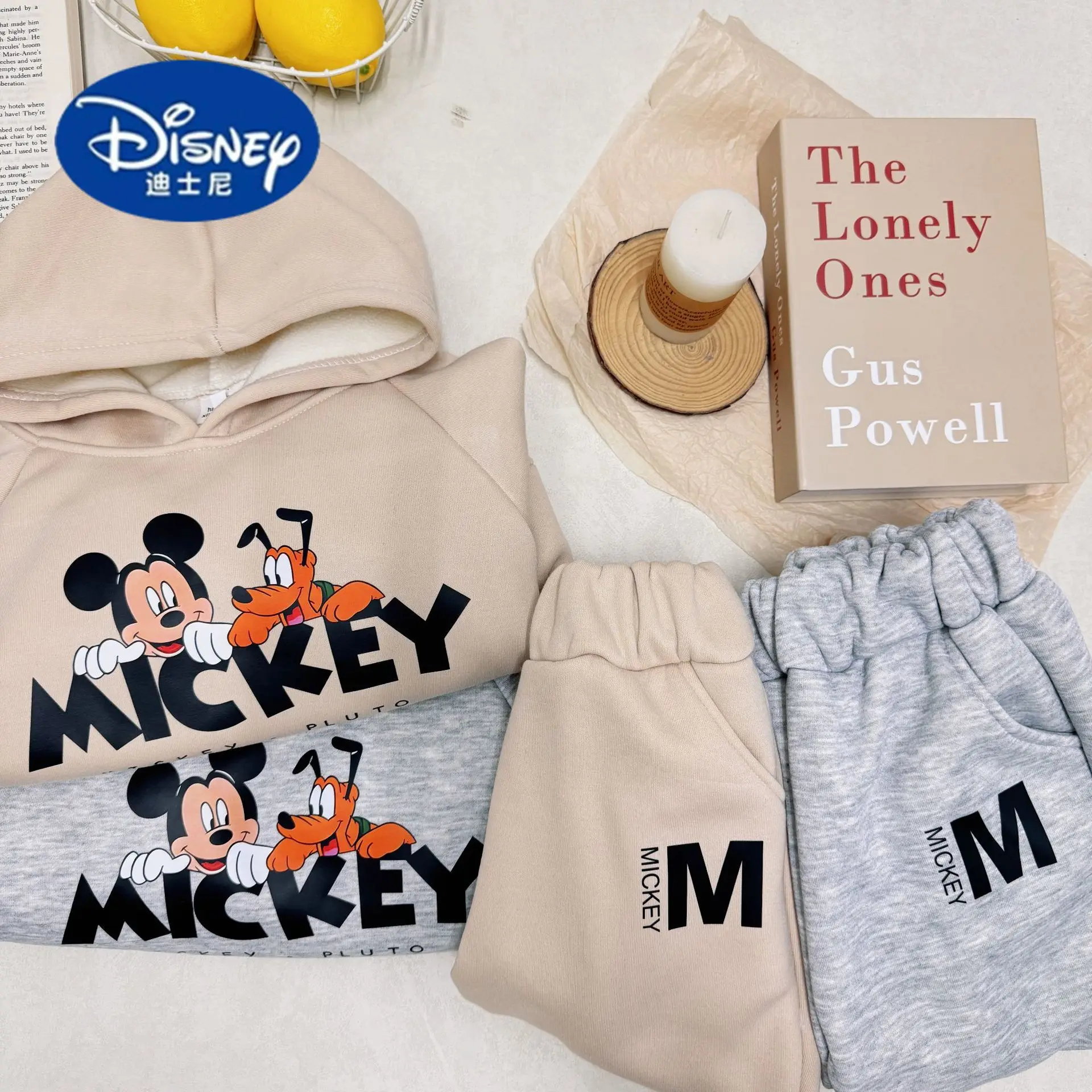 

New Disney Kids' Fleece-Lined Hoodie Set, Winter 2024 Korean Style Cartoon Print Hooded Top & Pants, Warm & Thickened