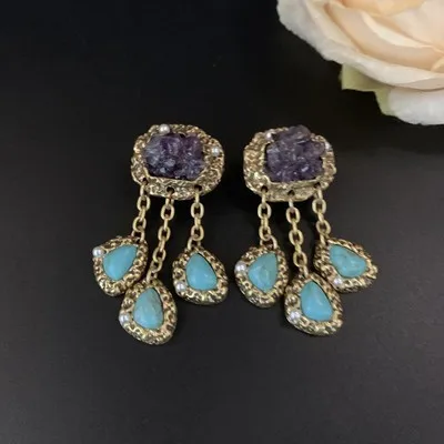 Vintage Lila Kristall-Türkis Wassertropfen Goldene Ohrringe für Frauen, Böhmische Ohr-Accessoires, Schmuckgeschenke, Party- und Freizeitkleidung – Detail 11