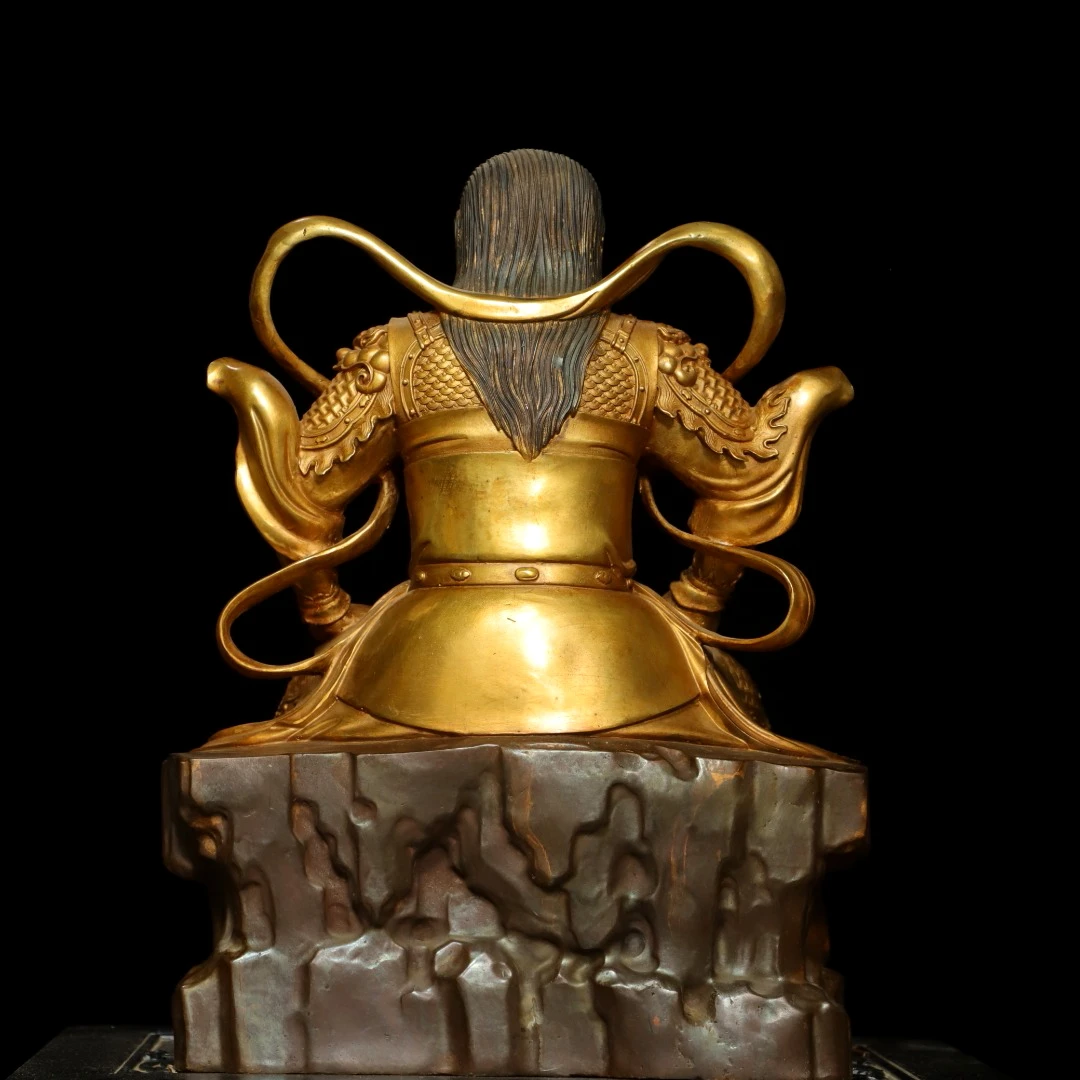 Old Bronze Cinnabar Gilded Zhenwu Emperor Ancestral Master Buddha statue  Backlit Buddha Platform Worship Hall Town house