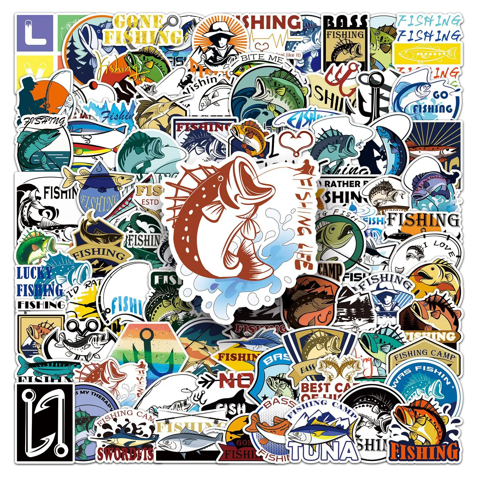 50/100PCS Cartoon Fishing Waterproof Stickers Creative Outdo