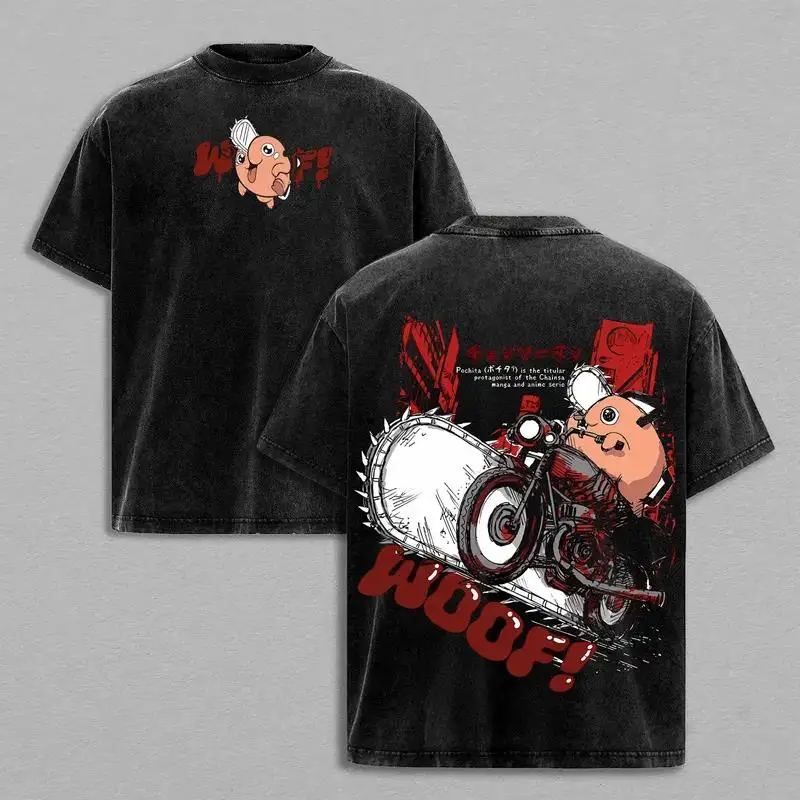 Pochita Chainsaw Man Anime Clothing Men Women Oversized T-shirts Short Sleeve Washed T Shirt Vintage Cotton Tshirt Harajuku Tops