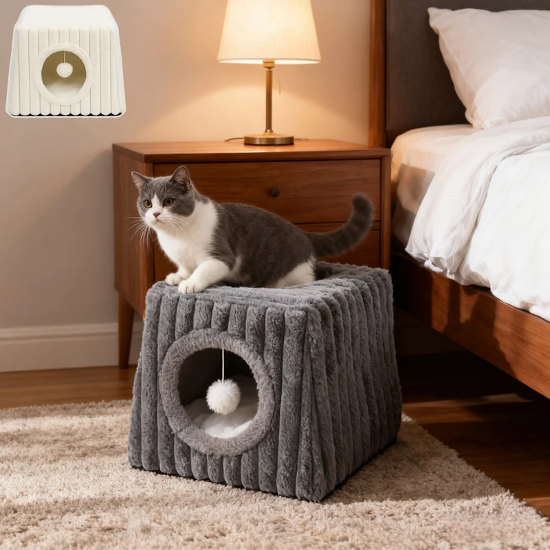 

Simple Style Cat House Soft Plush Winter Warm Pet Bed with Removable Washable Cushion Non-slip White Cat Nest Pet Supplies Gatos