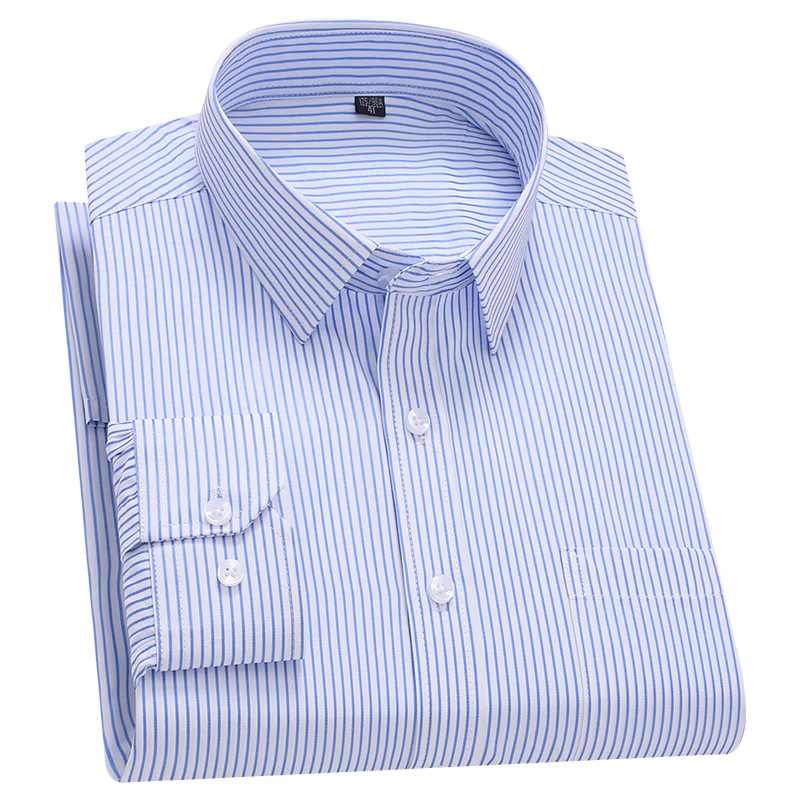 Men's Classic Long Sleeve Solid/striped Basic Dress Shirts Single Patch Pocket Formal Business Regular Fit Office Social Shirt