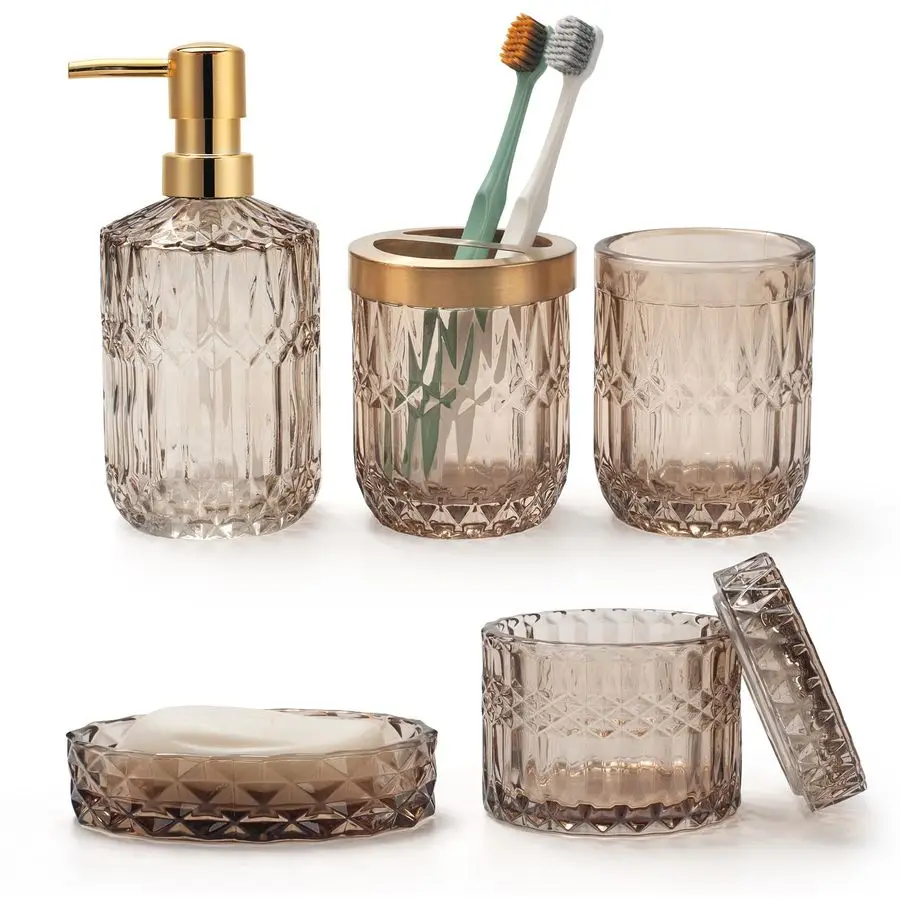 

Amber Brown Glass Bathroom Accessories Sets of Lotion Dispenser, Soap Dish, Toothbrush Holder, Tumbler, Cotton Swab Jars, Modern